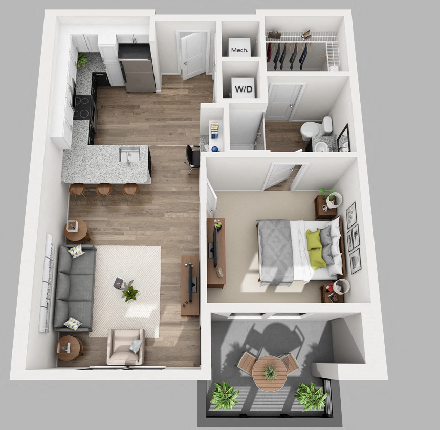 Floor plan for 1 bed, 1 bath, 726 sqft